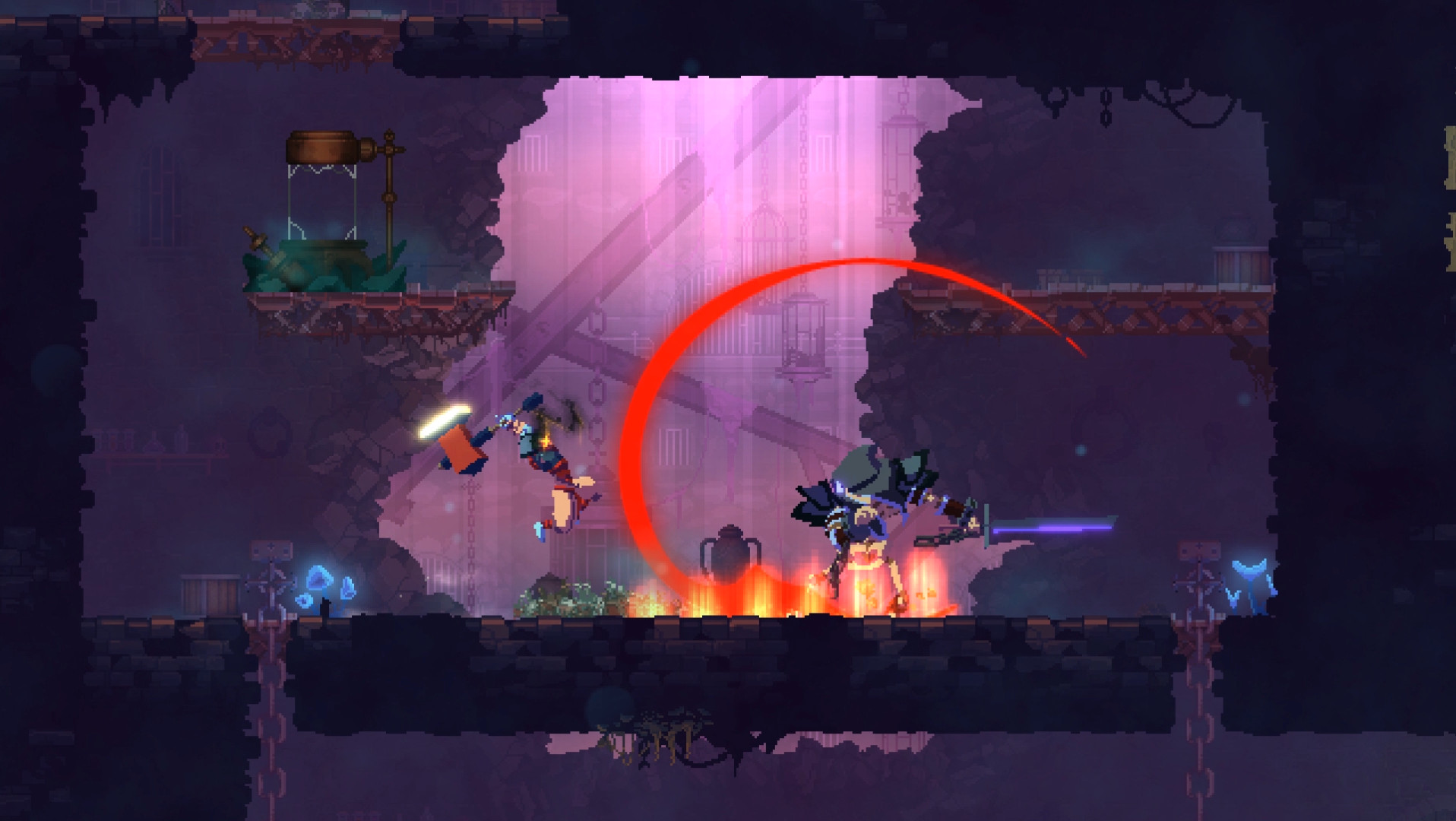 A fight against skeletal enemies in the ramparts of Dead Cells