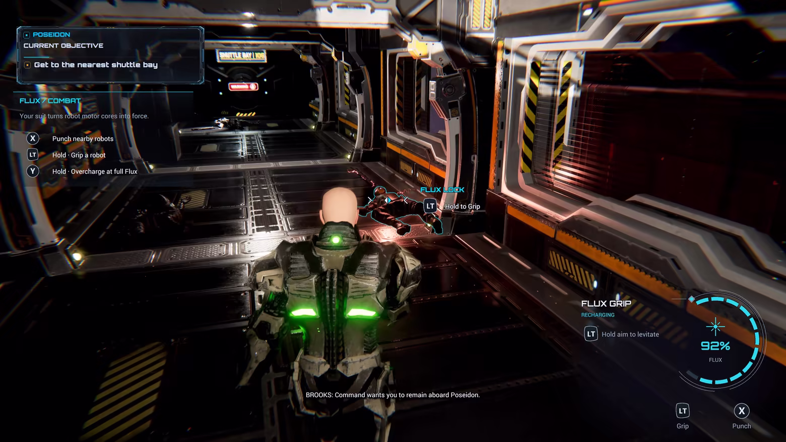 Armored player aboard Poseidon with Flux controls and a targeted robot. Unity 6 gameplay captured before the September 2026 update; details may differ from the current build.