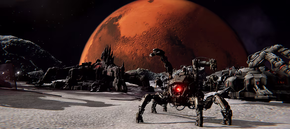 A machine outpost and spider-like combat drone on a rocky Martian battlefield, with Mars and an asteroid field overhead. Work-in-progress Unity 6 gameplay.