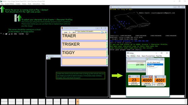 Screenshot of City of Ages: Picture Supportive Text MUD (server and client included) gameplay showing in-action mechanics