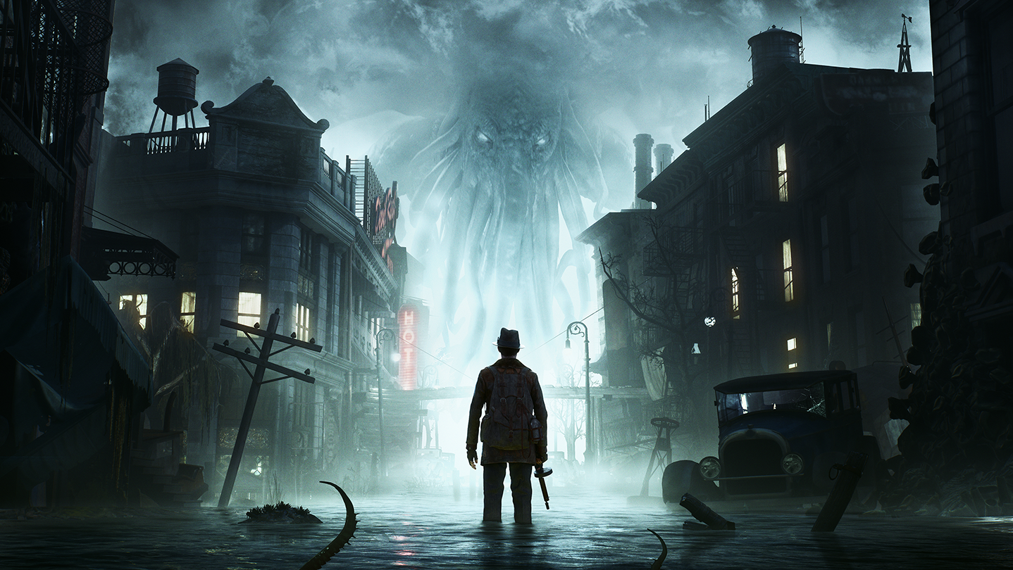 Charles Reed in flooded Oakmont in The Sinking City Remastered