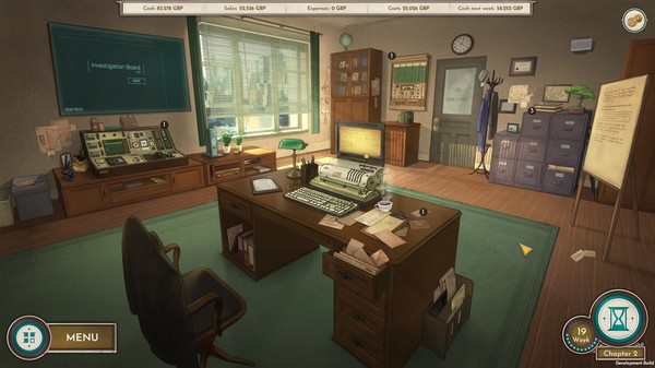 Screenshot of Coffee Noir - Business Detective Game gameplay showing in-action mechanics