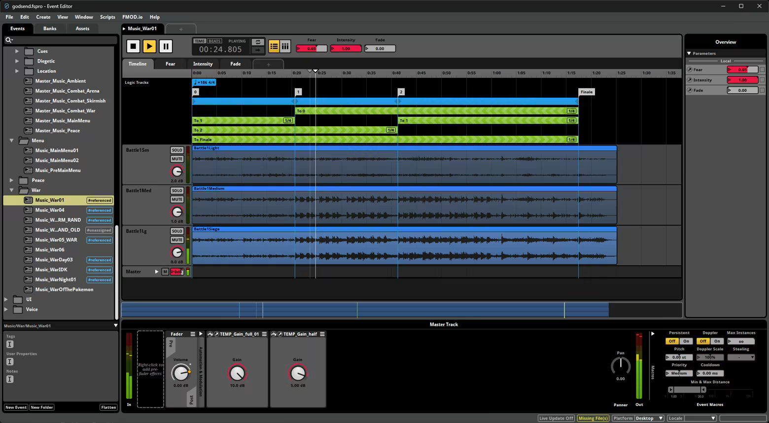 PC Screenshot of an audio event in our FMOD project - which shows our custom music layering system to react to what's going on in the game