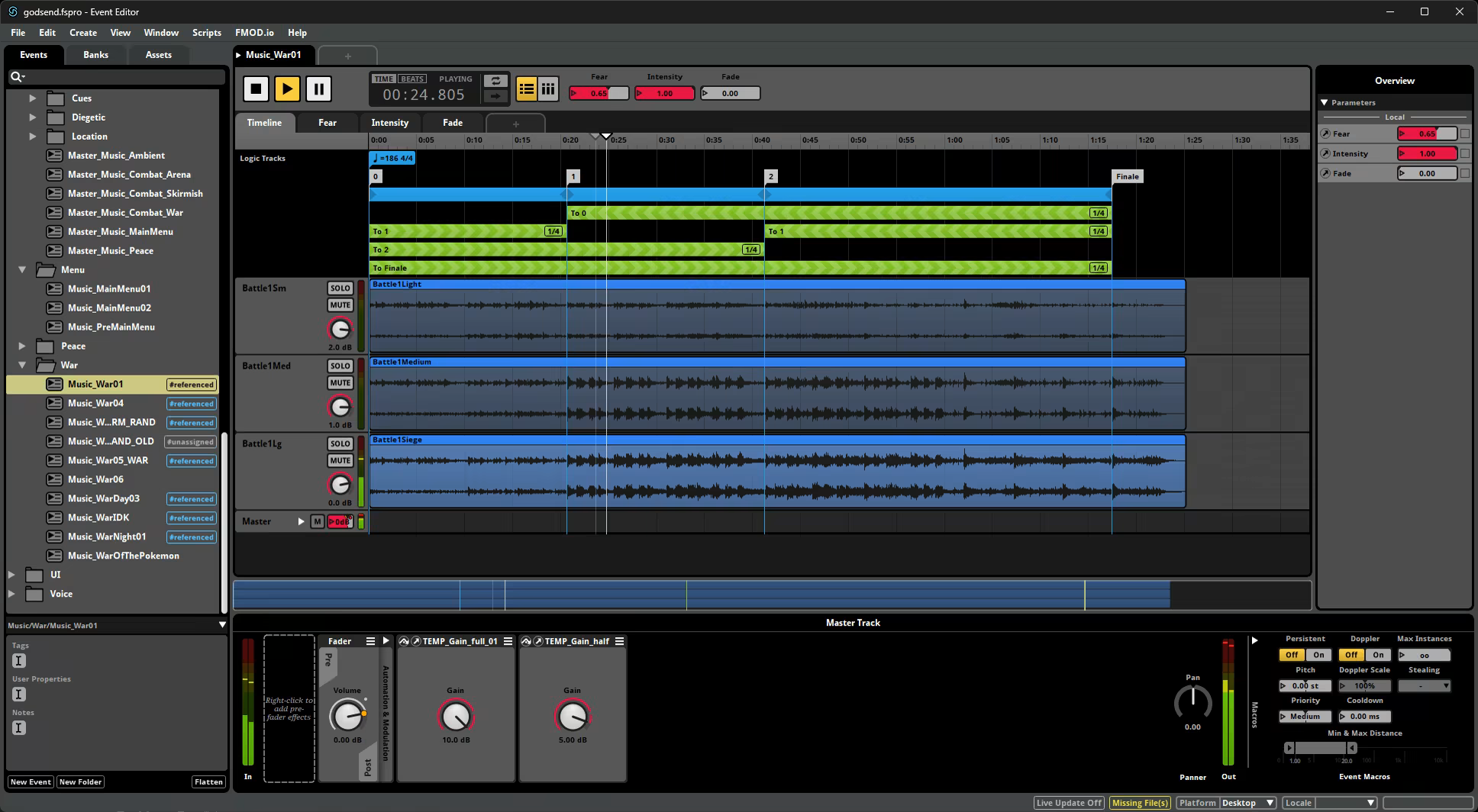 PC Screenshot of an audio event in our FMOD project - which shows our custom music layering system to react to what's going on in the game