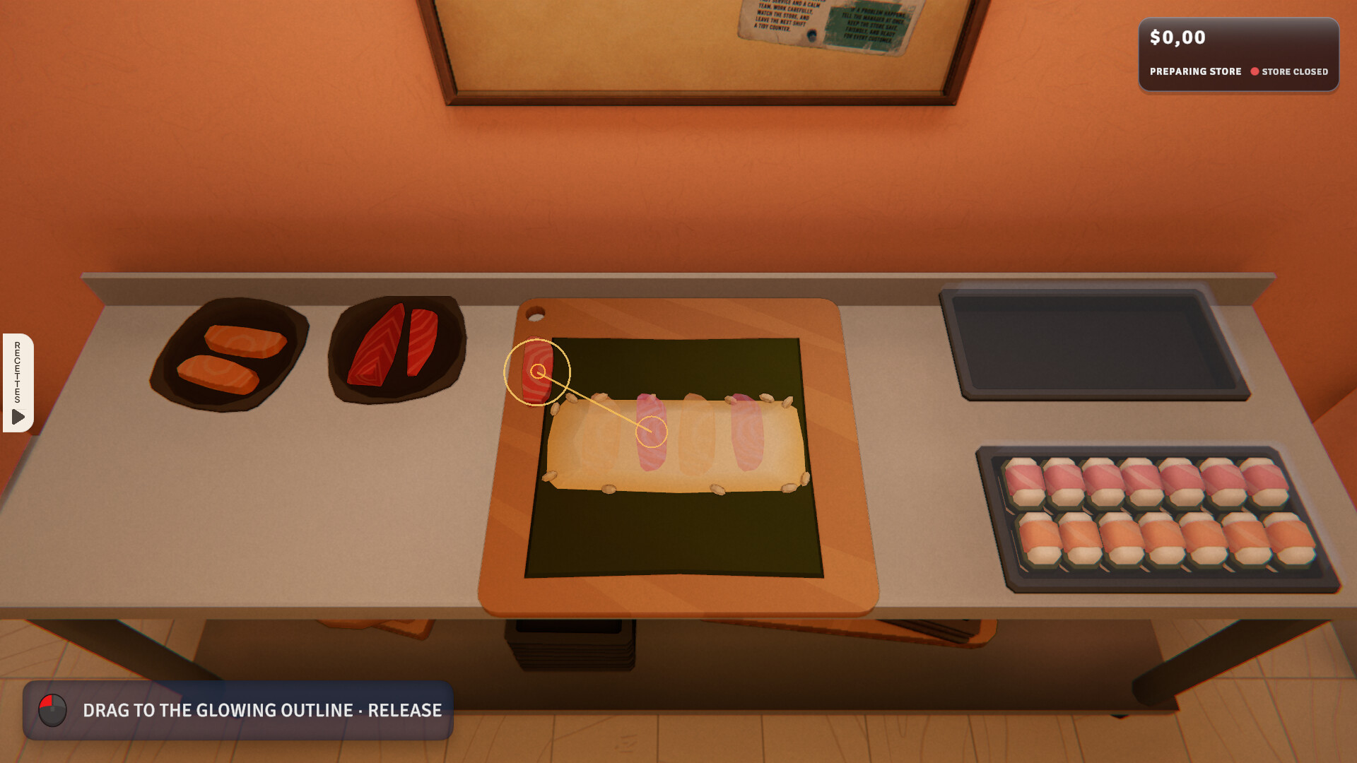 Night Rolls Cozy Store 公式スクリーンショット 巻き寿司づくりのミニゲーム画面、具材を光る枠までドラッグする操作