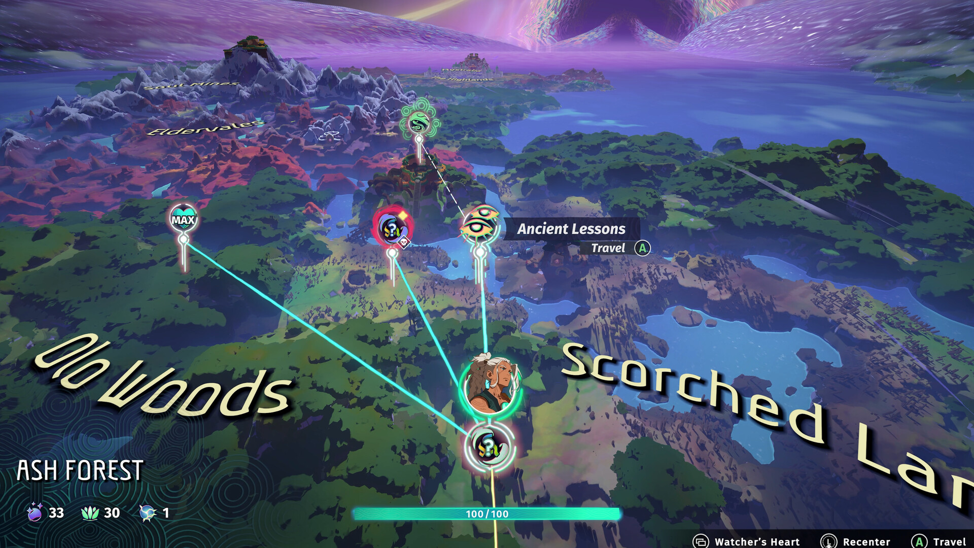 Echoes of Mystralia 公式スクリーンショット 全体マップ画面。複数のエリアがノードでつながっている