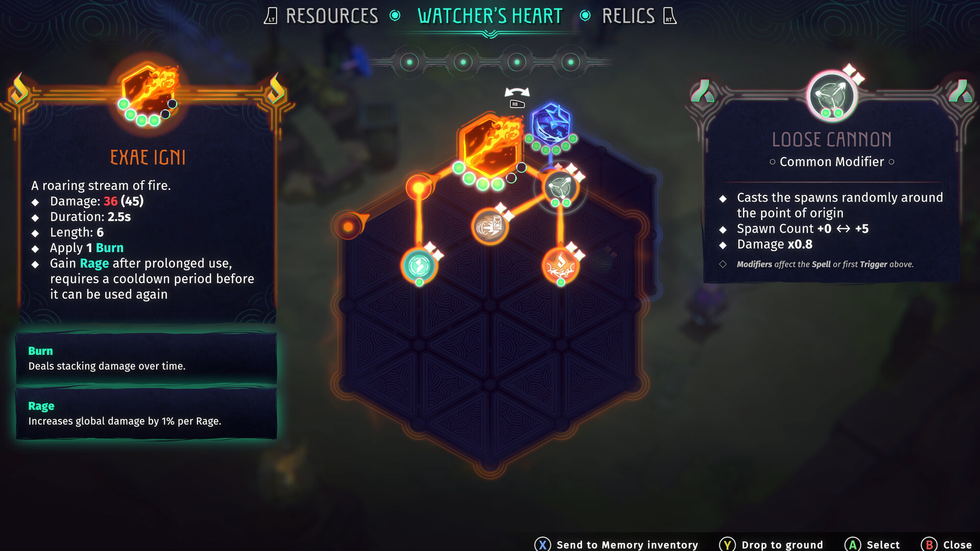 Echoes of Mystralia 公式スクリーンショット 呪文作成画面。六角形のキャンバスに要素を配置していく