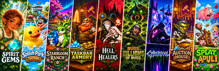 Spirit Gems + Splash Park Tycoon + Starbloom Ranch + Taskbar Armory + Hell Healers + Bugs + Cybersoul + Auction House + Splatapult