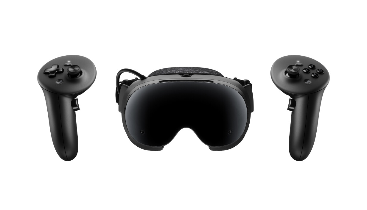The black Valve Steam Frame headset shown front-on between its two controllers on a white background